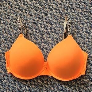 Victoria's Secret PINK Neon Orange Push Up Bra with Leopard Straps 36D
